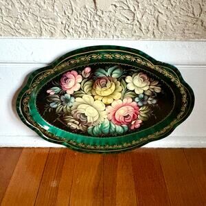 Vintage Russian Zhostovo Hand Painted Floral Tole Tray Green Gold 13 x 9